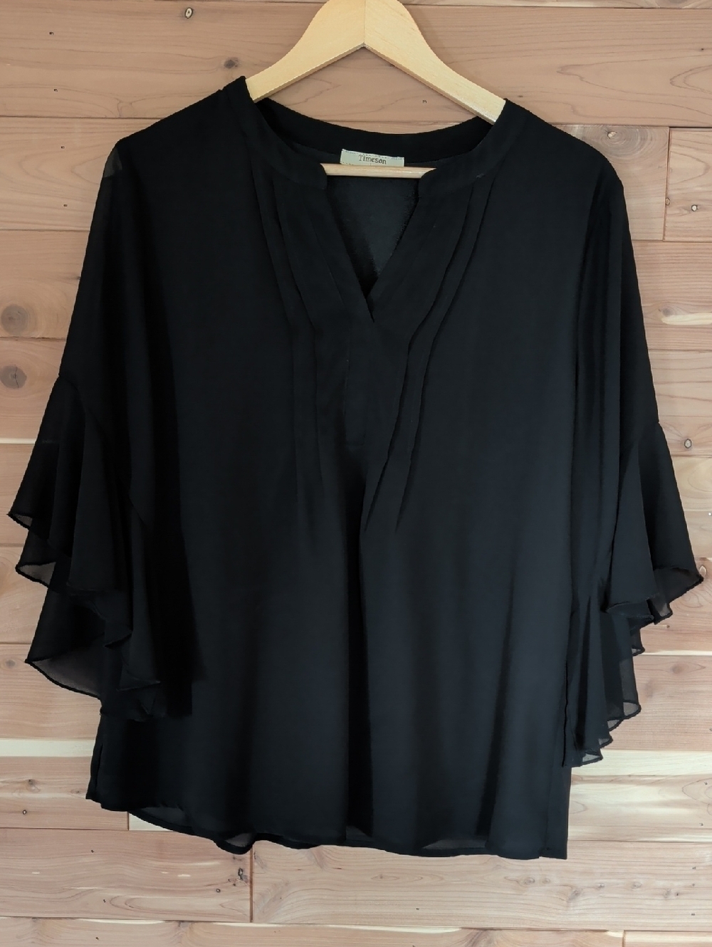 Timeson Black Ruffle Sleeve Top, Size L, Sheer, NWOT